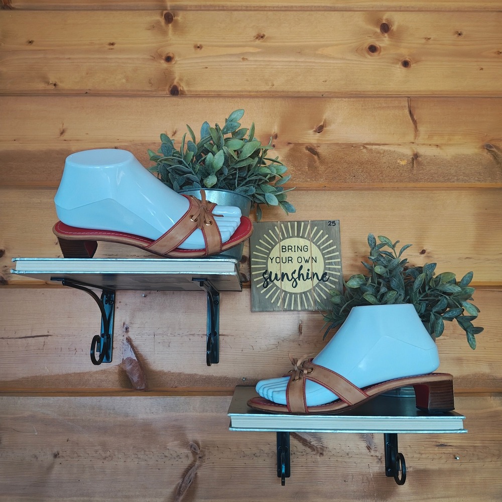 Cole Haan Tan Red Leather Slide Low Heel Sandals Open Cutout Preppy Bow Sz 6.5 B